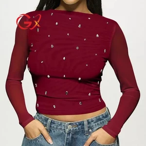 GX2569 Fashion 2026 Spring Fall Blouse O-Neck Mesh Tops Long Sleeve Rhinestone T-shirt Women
