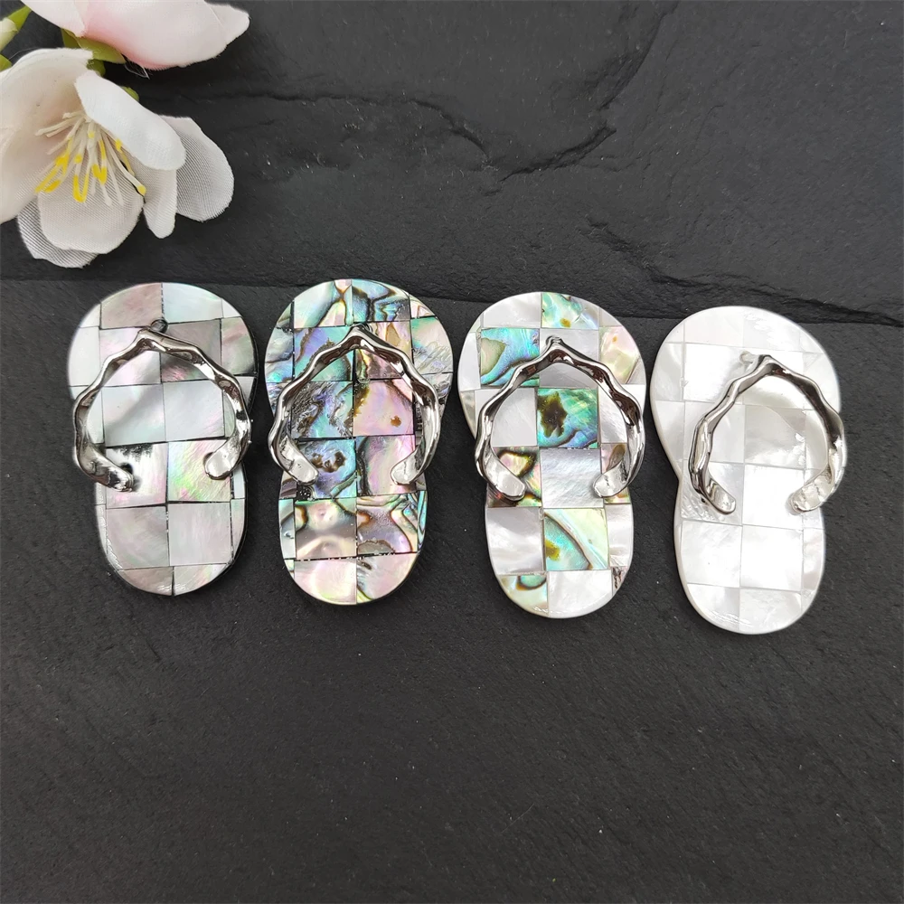 Boho Jewelry Flip Flops Black Shell Pendant Abalone Seashell White Gems Charms Silver Plated Slipper for Unisex Necklace Making