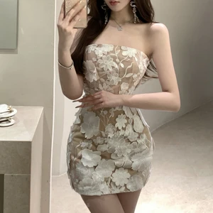 Elegant Mini Dress for Ladies Apricot Gauze Short Hanging Neck Three-Dimensional Flower Decoration Tight Fit Bridesmaid Dress