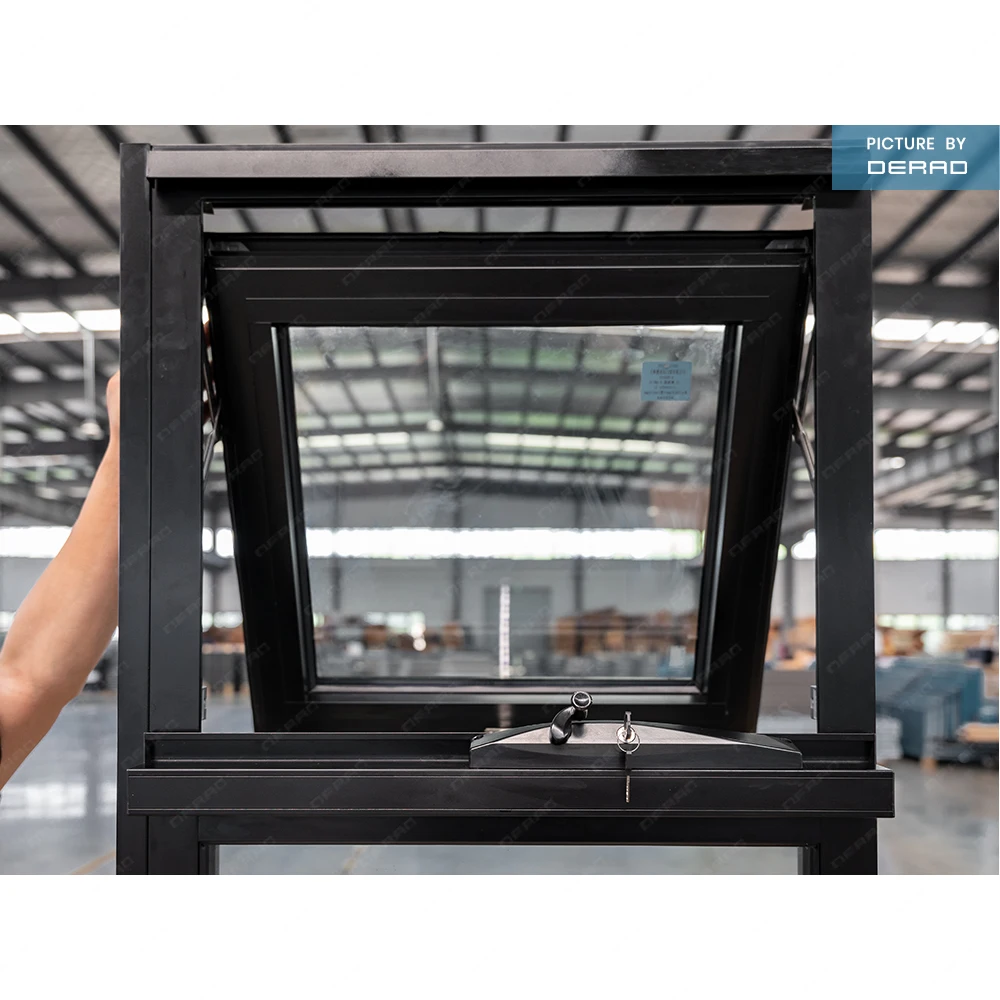 Small black customized aluminum awning windows with double tempered glass chain winder key lock awning window for house