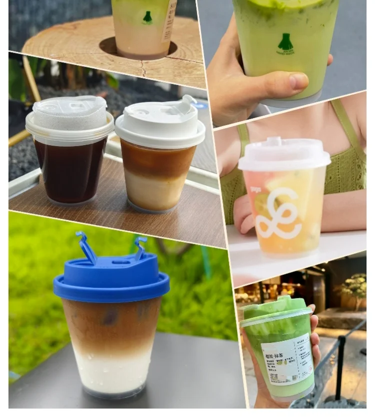 High Quality Disposable Plastic Cup Easy Green Plastic Coffee Cup Milk tea Juice Beverage Cup with Lid