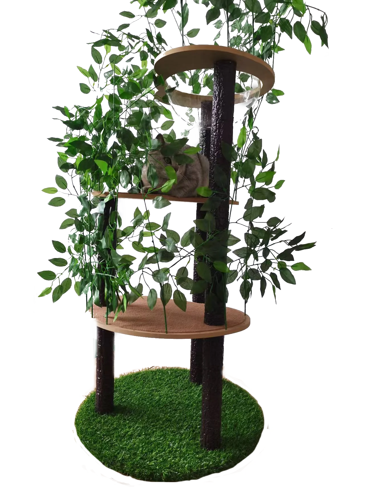 High Quality Large Cat Jumping Platform Cat Tree With Artificial Leaves Transparent Hemispheric Bowl