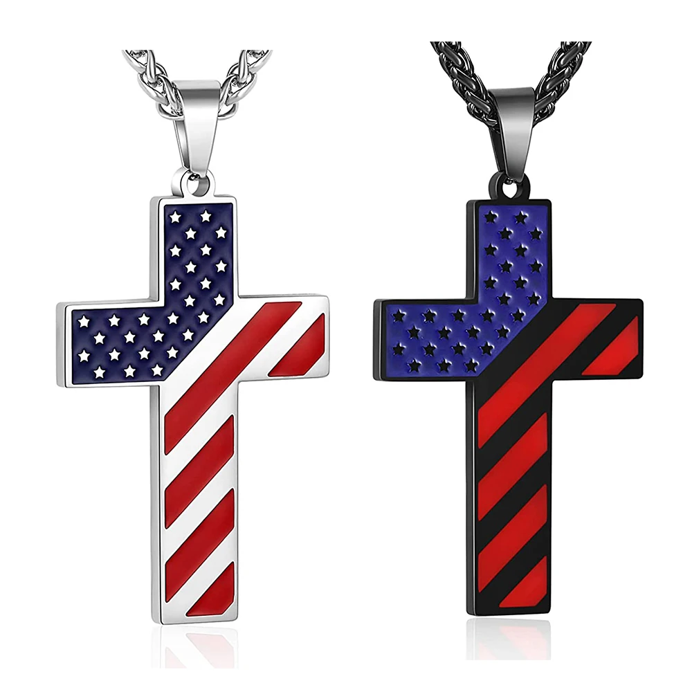 Personalized American Flag Patriotic Cross Necklace Christian Religious Bible Verse Pendant Jewelry for Men Women Memorial Gift