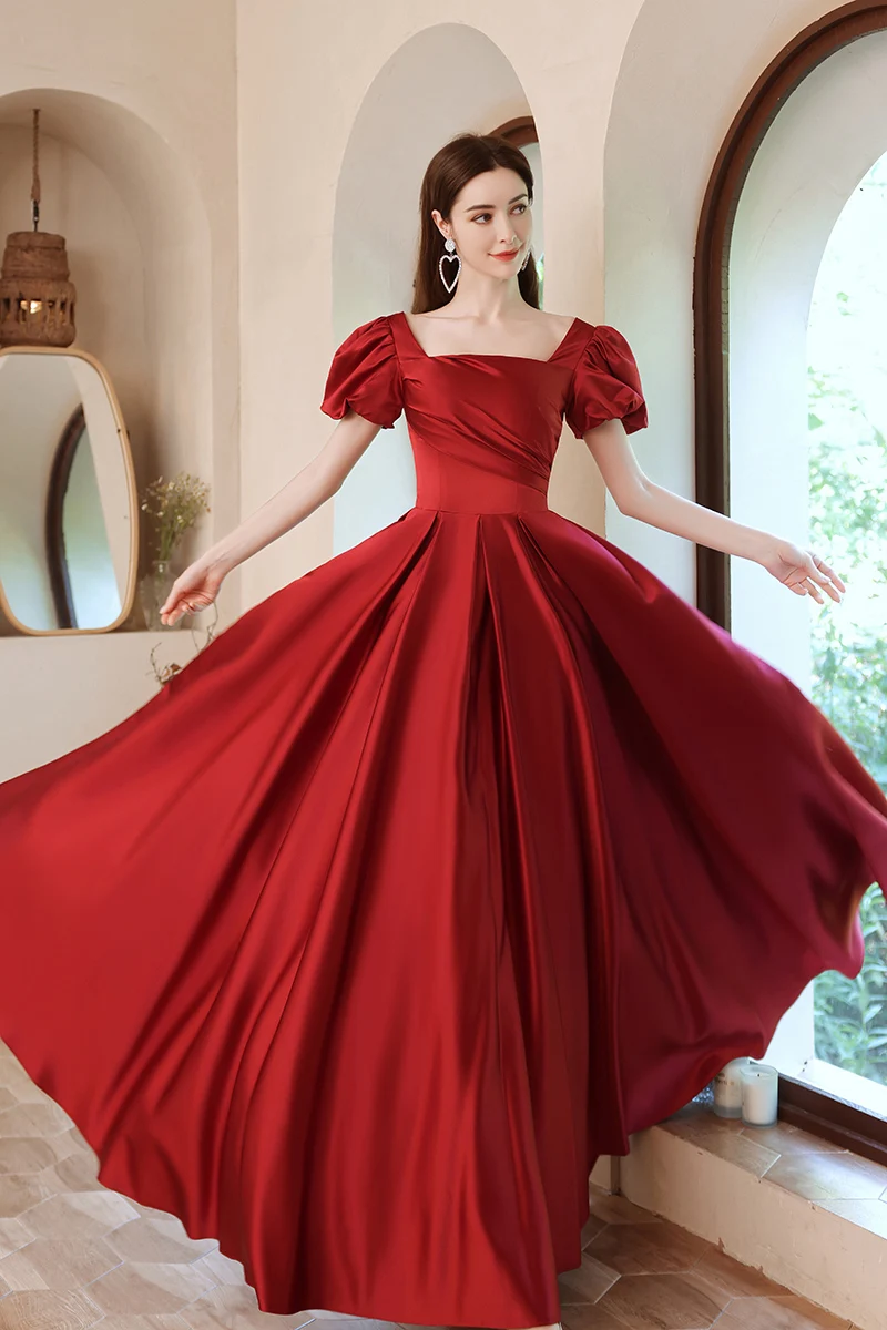 Red Square Collar Short Sleeves Ball Gown Basics Satin Evening Dress