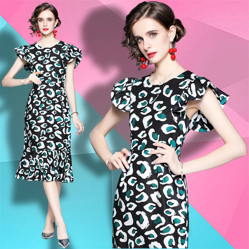 Vestido Informal Elegante Con Cuello Redondo Para Mujer,Vestido Largo De  Cola De Pez Con Manga Voladora,2022 - Buy 2021 Nueva Ropa De Mujer,Impreso  De Vuelo Manga Sirena Vestidos,Elegante Vestidos Casuales Product on