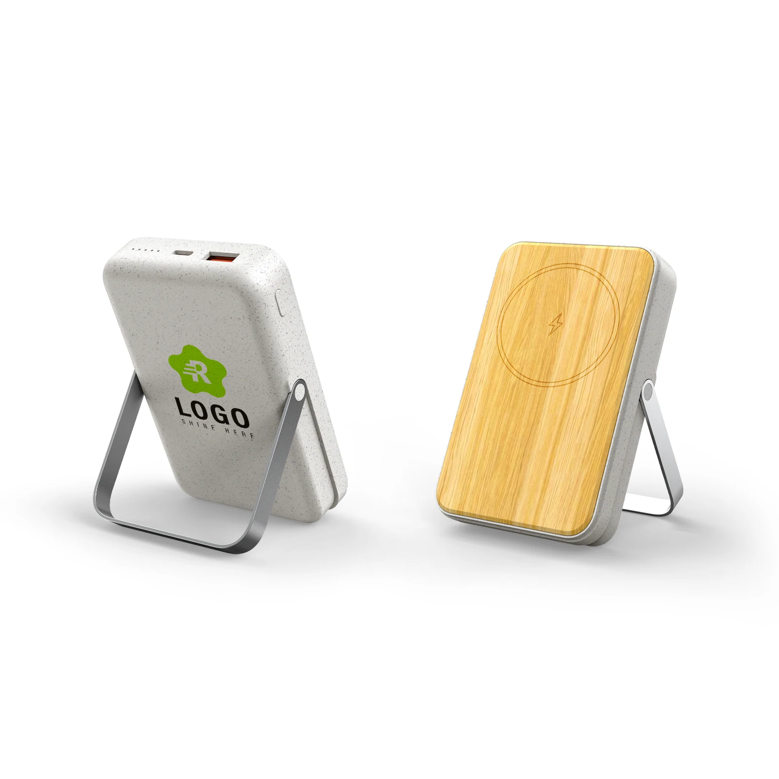 Electronics Fast Charge Powerbank 22.5W Wireless Wheat and Bamboo Magnetic Power Bank 10000mAh with Foldable Holder for Phone