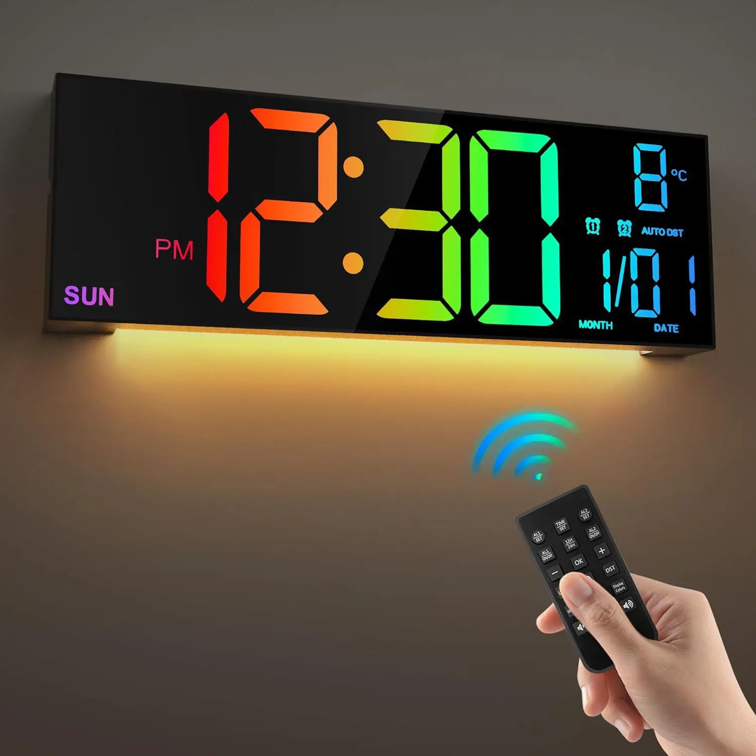 Large 16-inch LED digital clock, remote control, adjustable brightness, temperature and humidity display, ABS for living room