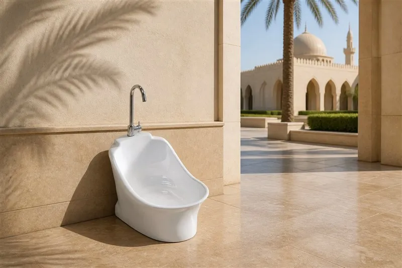 White ceramic wudu basin in a hot-climate mosque courtyard with sand-coloured tiles