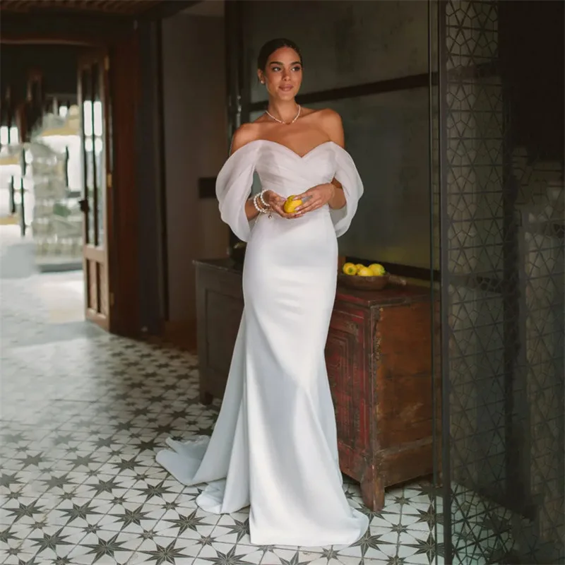 S2055L 2025 New Fashion One-shoulder French Satin White Mermaid Removable  Tulle Simple Temperament Glittering Long Wedding Dress| Alibaba.com