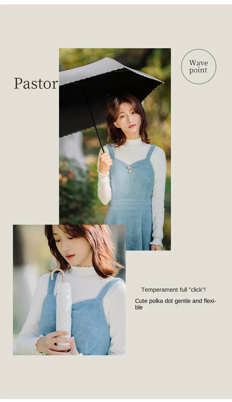 Parasol Polka dots uv umbrella Japanese mini fold sun rain umbrella with golden hook handle
