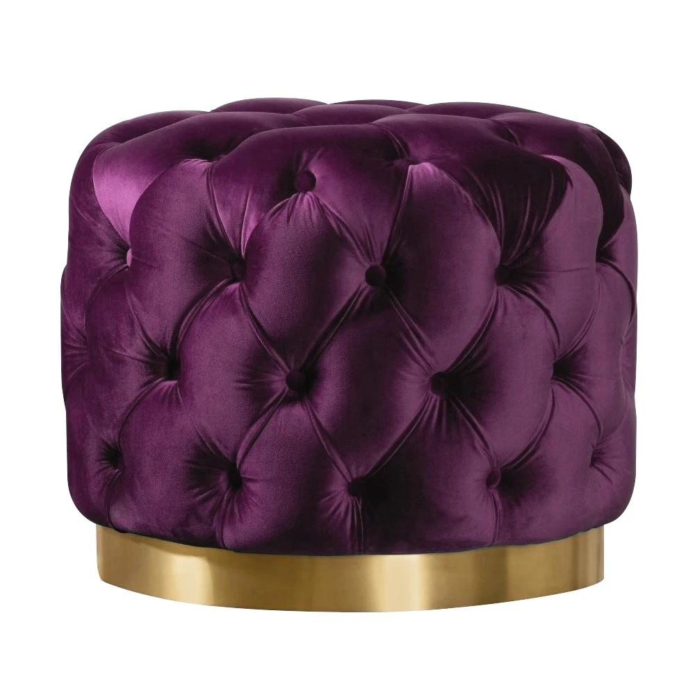 Modern Round Upholstered Velvet Fabric Tufted Gold Metal Finish Ottoman With Tufted Button