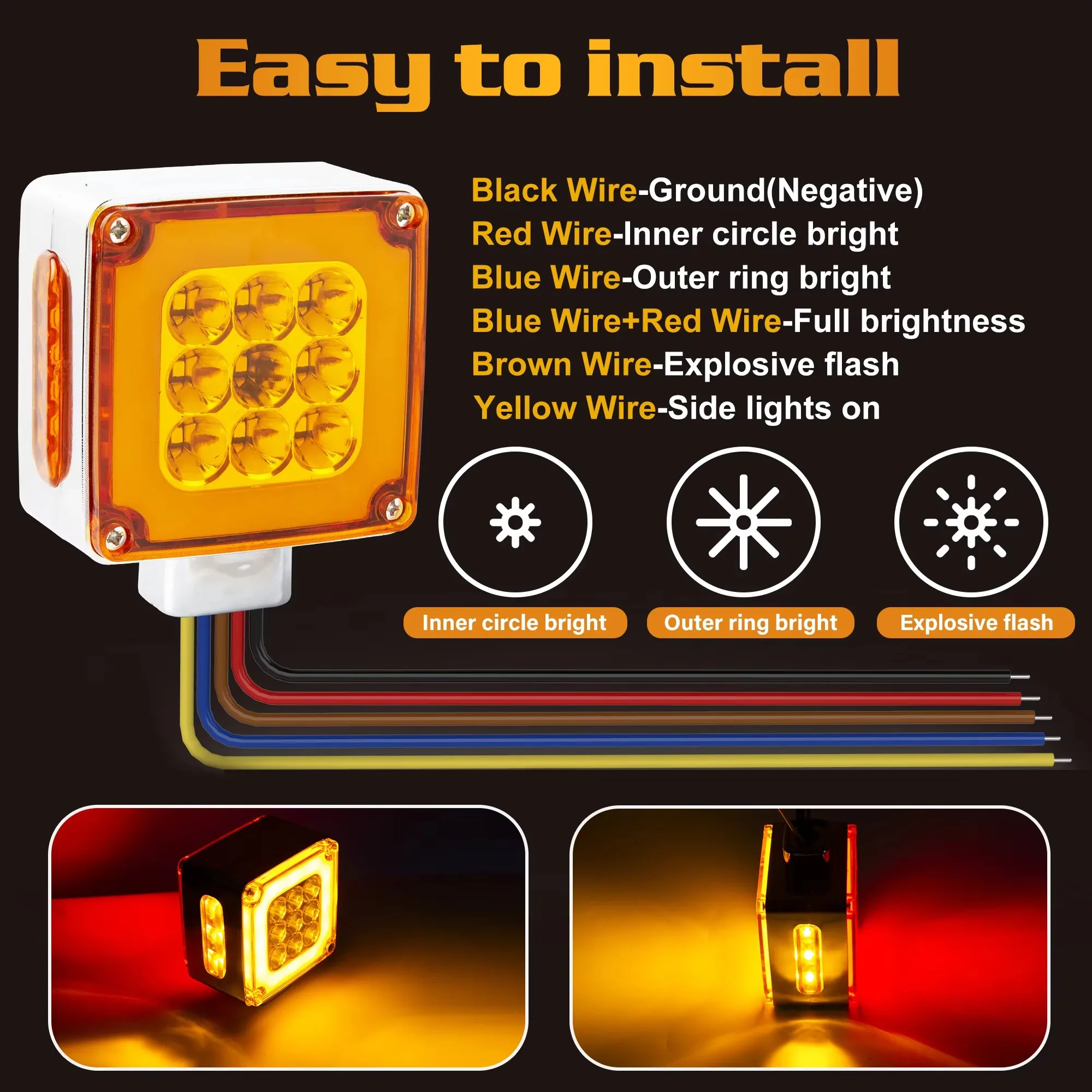 Amber/Red Double-Face Pedestal Fender Light with Stud Mount Square 39 LED Brake Turn Tail Signal Trailer Light 4
