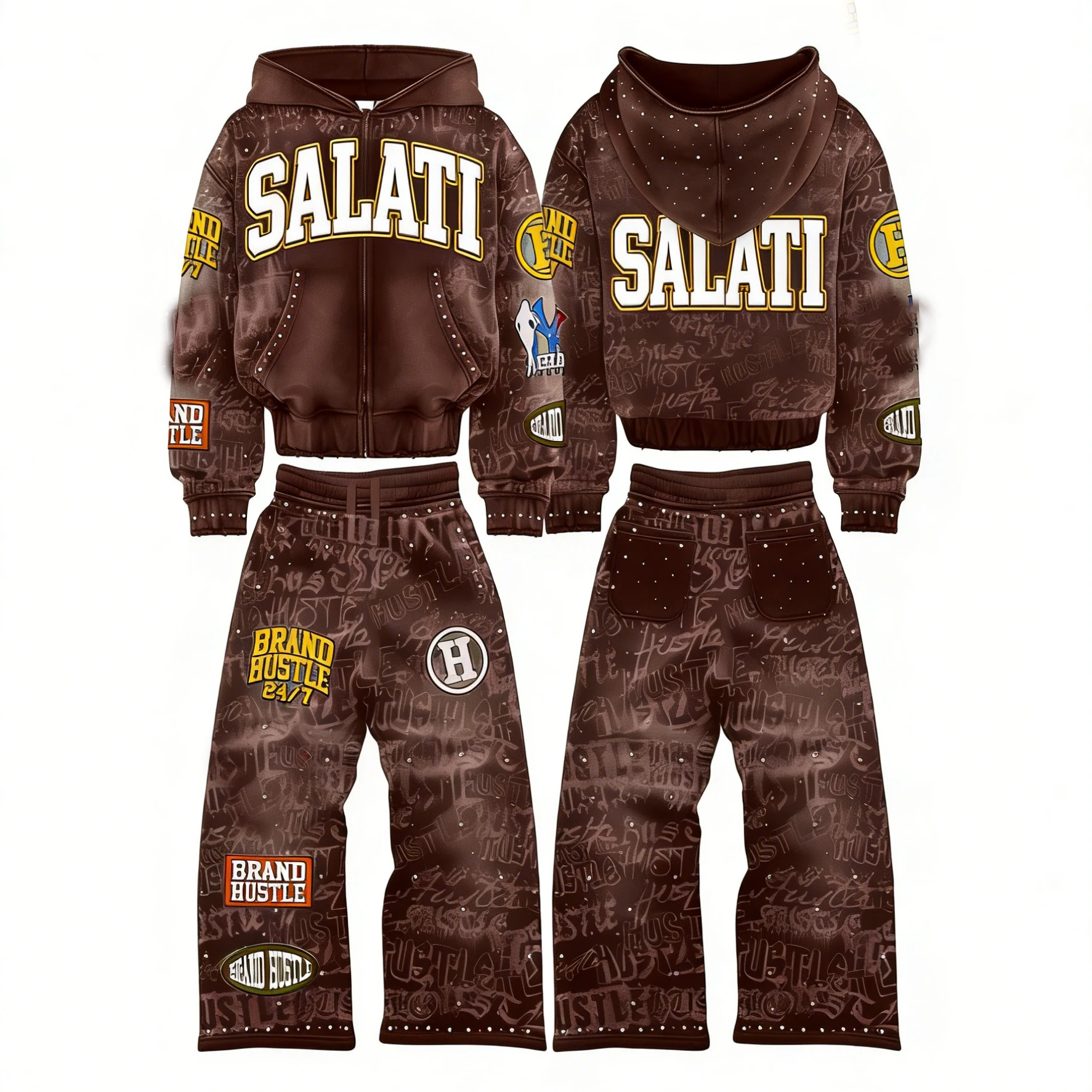 Salati 2 Piece Custom Acid Wash Embroidered Flared Sweatpants Tracksuit Vintage Streetwear Heavyweight Cotton Zipper Hoodie