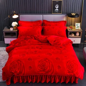 Red Rose Bedding Set Luxury Polyester Comfortable Bed Sheet Quilt Cover Pillowcase Four Piece Set