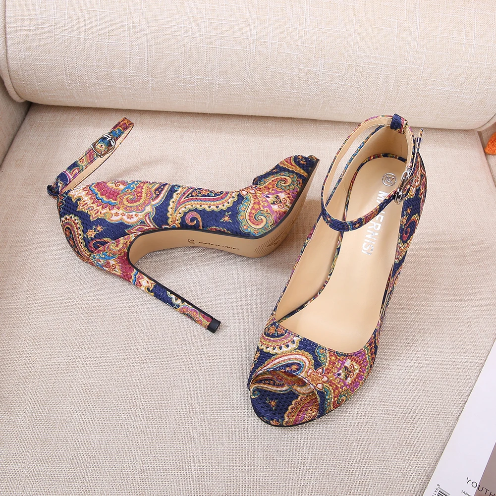 Ethnic print peep toe ankle online strap