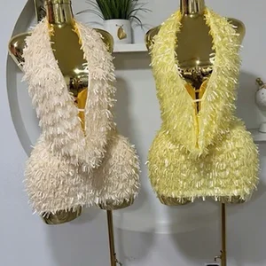 GX25502 Women Clothing Vendor Sexy Street Wear Sleeveless Halter Sequin Tassel Backless Tank Top and Mini Skirt 2 Piece Set