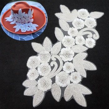 PE067 factory supply sequin embroidered applique with beads white pearl crystal flower applique