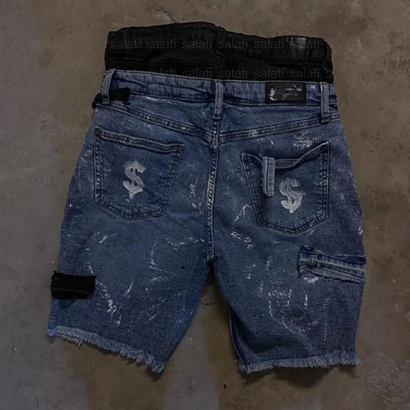 Custom Streetwear Summer Cotton Printed Double Waisted Knee High Baggy Oversize Heavyweight Jeans Shorts Denim Shorts for Men gallery 2