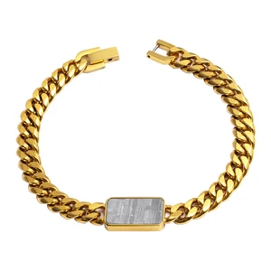 Gold Plated 8mm Vintage Cuban Chain Bracelet Brushed & Polished Two Tone Stainless Steel with Meteorite Inlay