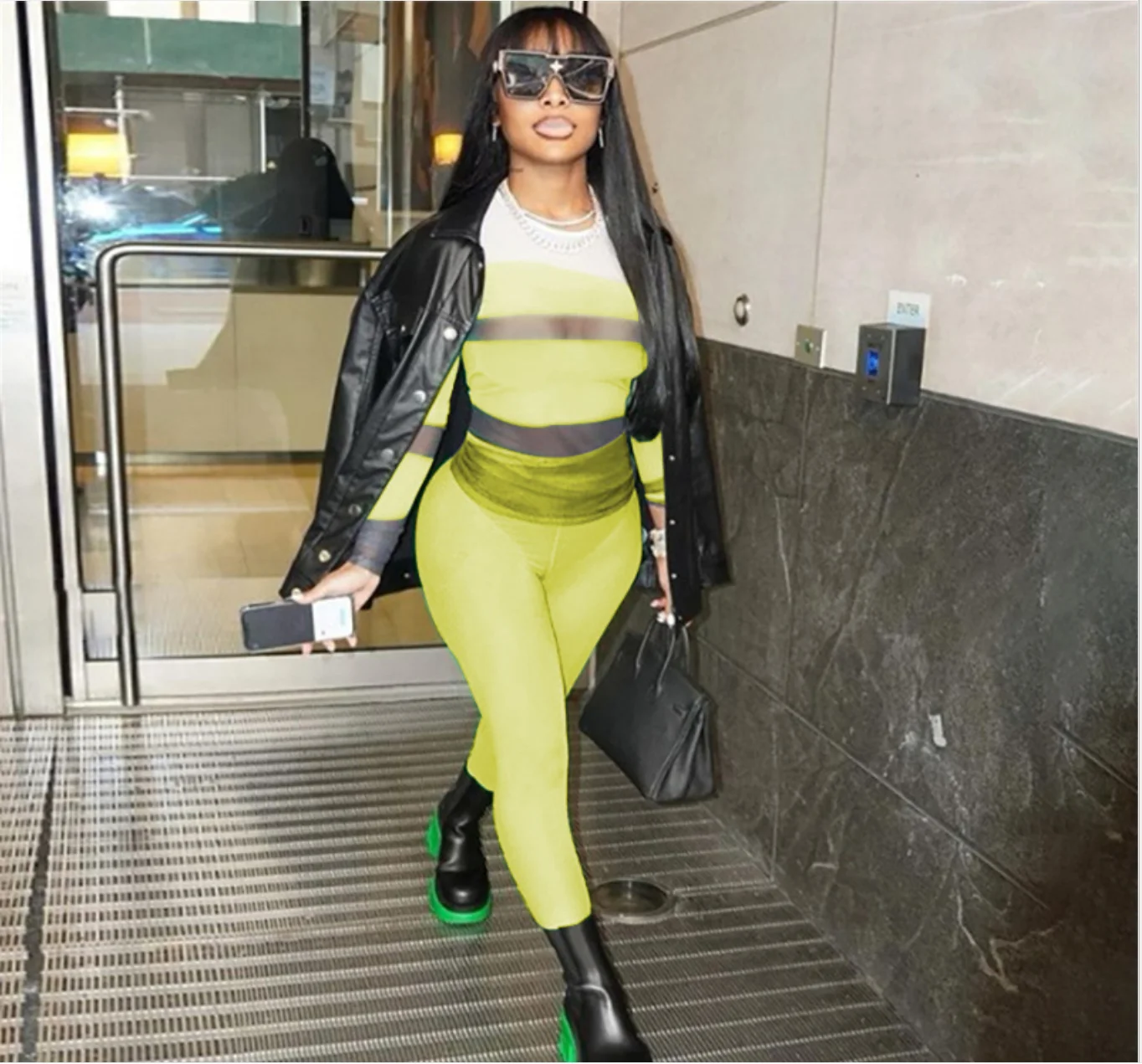 Новинка Осень 2021, женский сексуальный прозрачный костюм из двух предметов с принтом контрастных цветов для отдыха