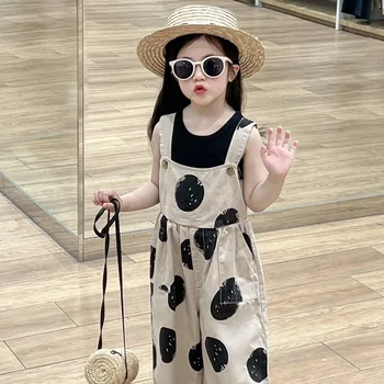 2024 Summer Children's wear new product Girls' fashionable polka dot overalls Cute jumpsuit Straight pants