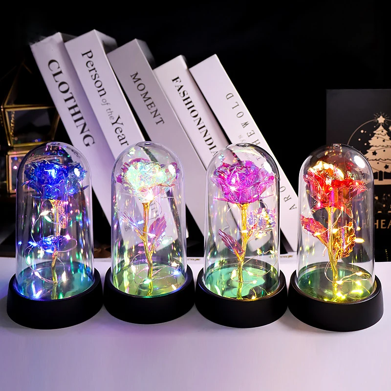 24k Gold Rose Flower Light String in Acrylic Dome for Valentine's Mother's Day Led Galaxy Rose in Plastic Dome