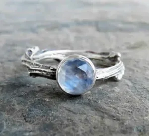 Rhodium White Gold Women Ring Custom Raw Oxidized Sterling Silver Moonstone Ring