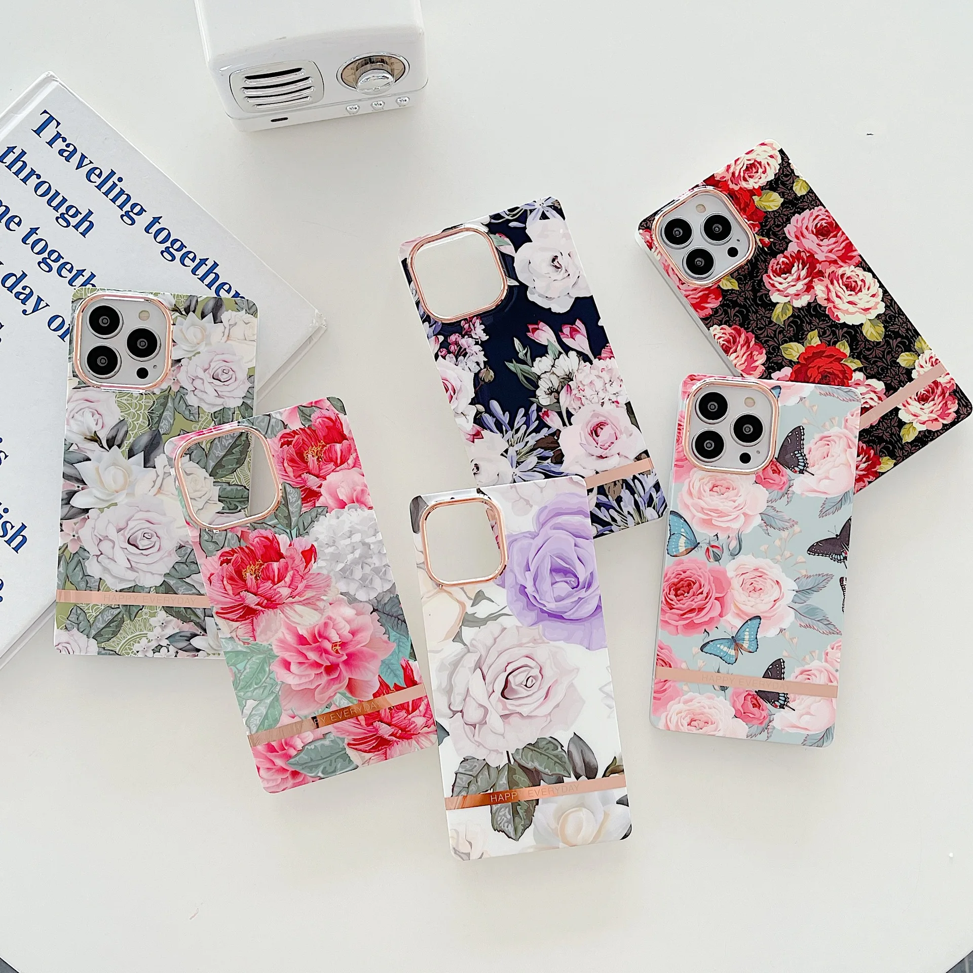 Square Cute Cover for Girls Women TPU Luxury Flower Design Case
