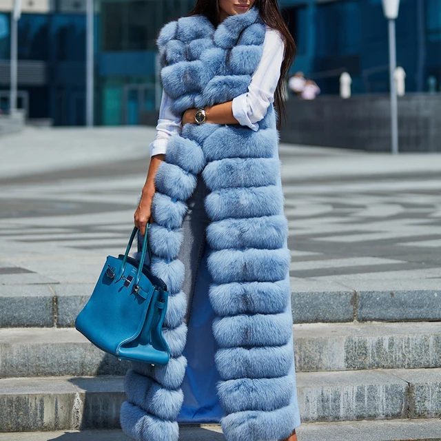 Luxury Fur Coat Women'S Vest Sleeveless Winter Europe Us Hot Sell Faux Fox Fur Coat X-Long Warm Elegant puffy Fur Vest Coat