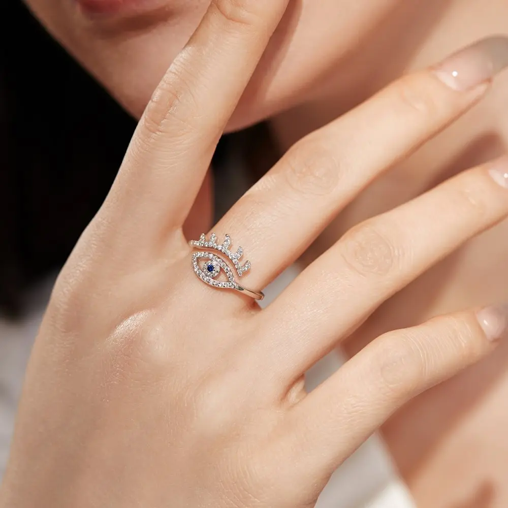 KAKODIY Fashion jewelry Cubic Zirconia ring 18K gold plated 925 sterling silver evil shape eye opening adjustable ring jewelry for women detail 4