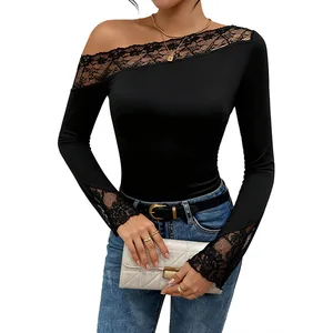 A Sensual and Stylish Women's Fashion Top, a Shapers, an Elegant and Fitted Off-the-shoulder Lace Black Long-sleeved Jumpsuit