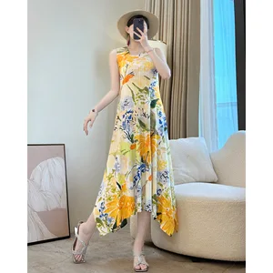 Summer High-End Mother Dress for Women Miyake Fat MM Floral Pattern Chiffon Loose Slim Vest Skirt Natural Waistline Casual Style