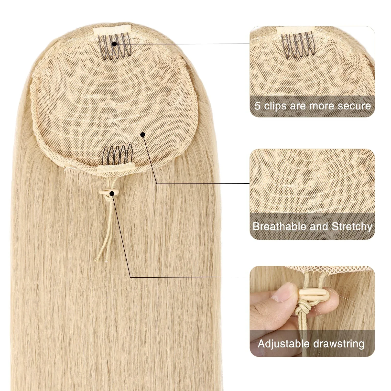 Extensii de păr natural cu coadă de cal, lungi și drepte, 613 blond decolorat, 100% păr uman, pentru femei_voghion.com
