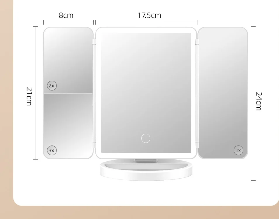 Hopfällbar sminkspegel LED-ljus 3-tonsljus sminkspegel 2X/3X förstoringsglas 360 graders justerbar uppladdningsbar