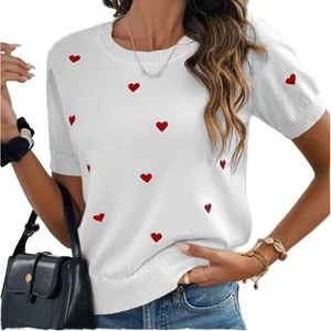 Women's 2025 Spring New Love Casual Top Heart Pattern Short Sleeve Crewneck Pullover Thin Knitted Style