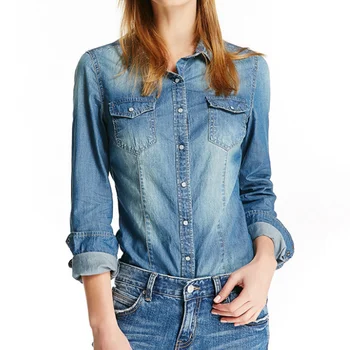 High Quality Blue Fashion Sleeve Top Woman Shirt Denim Women Jean Shirts For Ladies