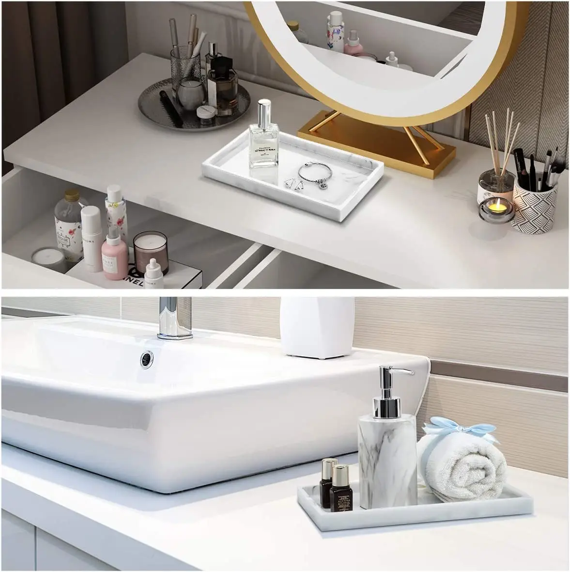 Custom Design Resin Decorative Tray Marble White Dresser Perfume
