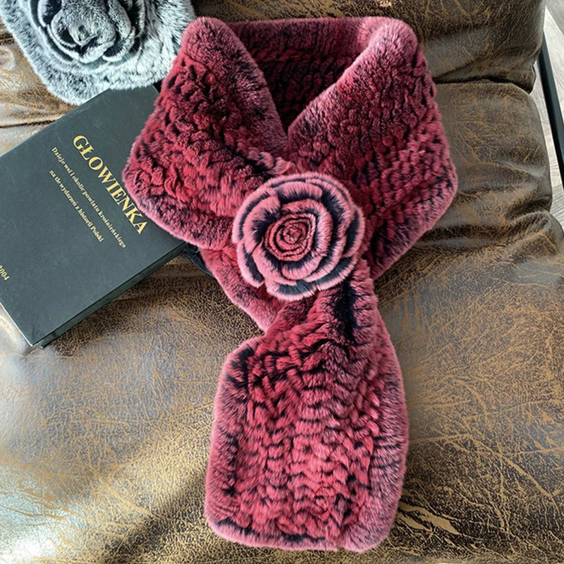 KAISHIN Winter Elegant Real Fur Rose Design Scarves for Women Knitted Rex  Rabbit Fur Neckerchief