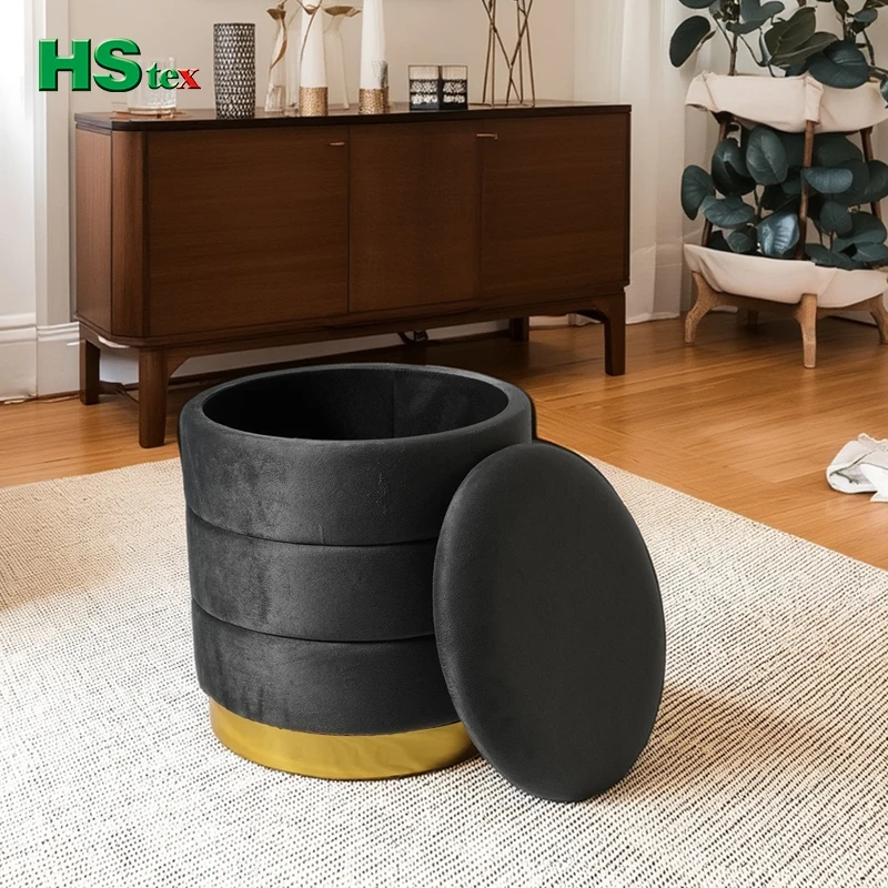 HStex Velvet Round Seated Ottoman With Gold Stainless Steel Base Stool