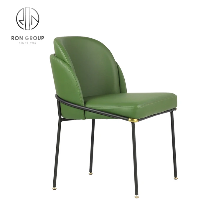 Classical Black Metal Frame Real Leather Dining Chair for Restaurant Kitchen With Green Armrest