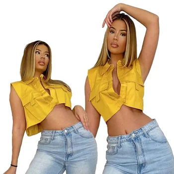 Cool Girl Energy Yellow Y2K Front Pocket Sleeveless Polo Neck Biker Crop T shirt Polo Pullover Sexy Womens Tank Tops