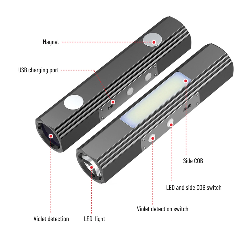 Portable Emergency Rechargeable Waterproof Aluminum Double Lamp 4 Modes Led Cob Flashlight Powerful With UV Flashlight factory