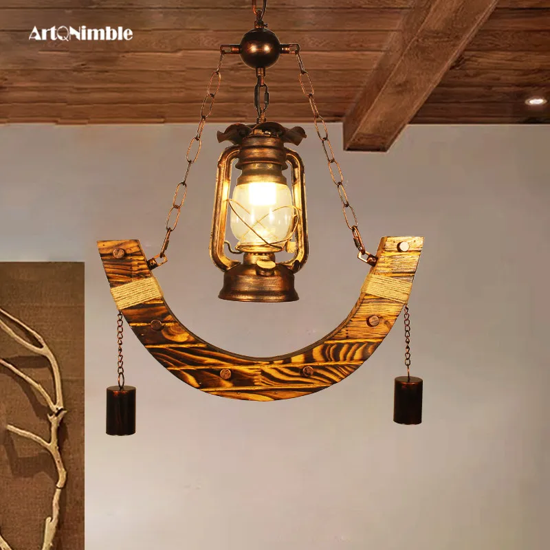 American Retro Wooden Fishing Line Chandelier LED 3000K High-end Dining Room bar Tea Room Ambiance Decorative Light