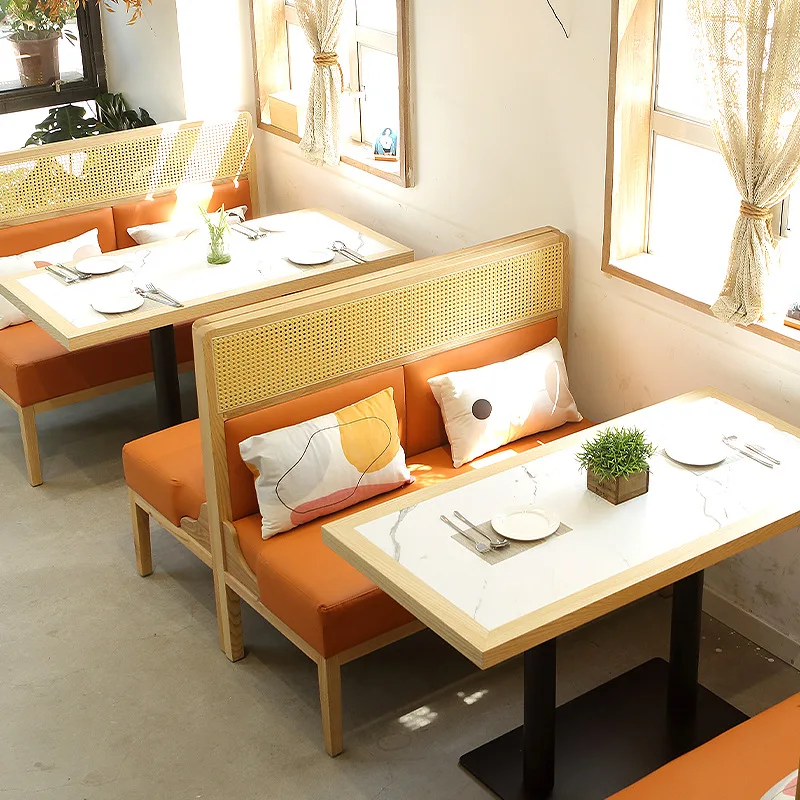 Nordic Rattan Leather Restaurant Booth Seating High Back Customized Commercial Cafe Dining Chair Sofa Bench