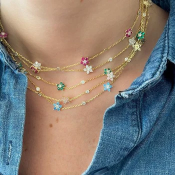 2022 spring new design women girl jewelry cute lovely dainty flower charm colorful cz link chain necklace