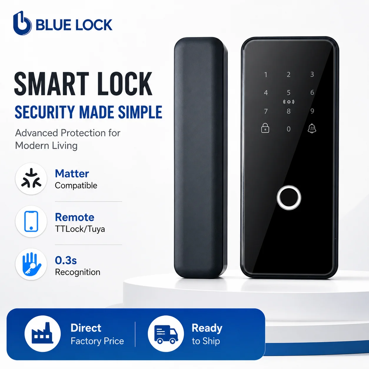 BlueLock TTLock APP Smart Fingerprint Door Lock with Key/Card/Cloud Support for Glass & Wood Doors