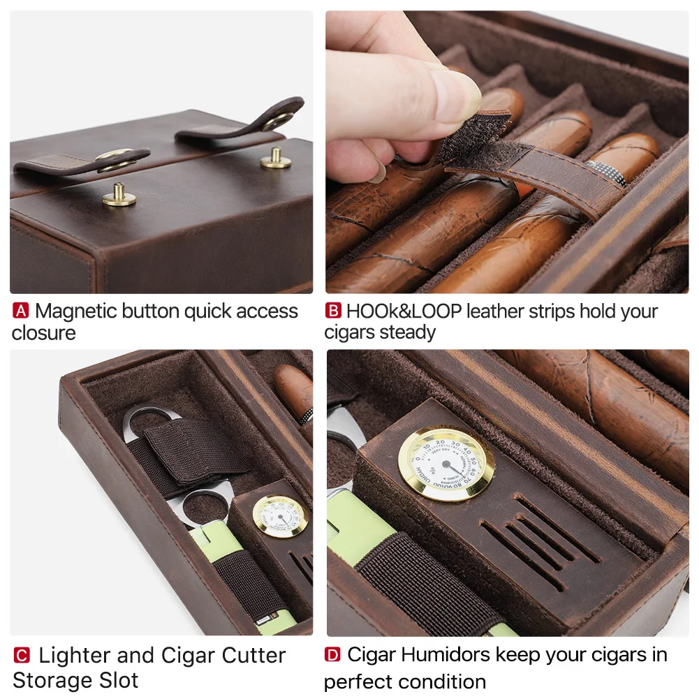 Custom Coffee Color Leather Cigar Humidor 7 Slot Portable Travel Cigar Case with Moisturizing Agent Slot