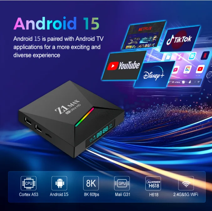Z1 MAX Android 15 Smart TV Box, 8K Resolution, Quad Core Processor
