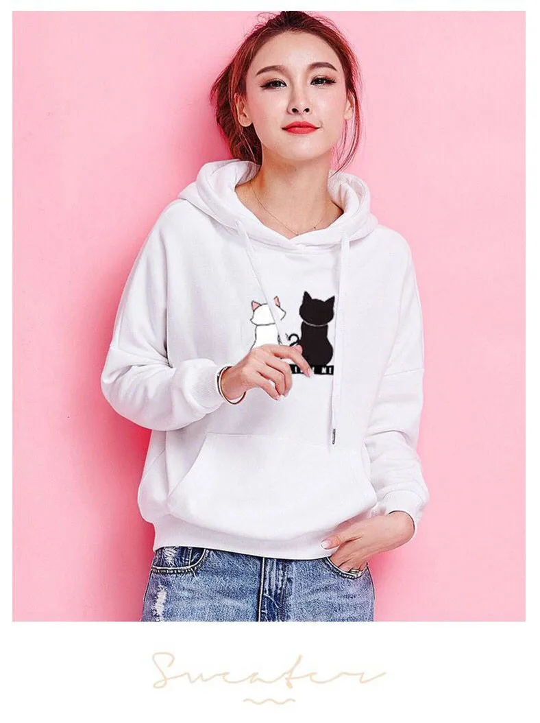 Woman's Solid Hoodies Sweatshirts Cat Printed Cotton Thicken Warm ...