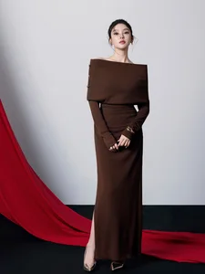 Bettergirl Sexy Off-shoulder Pleated Tight Elegant Brown Long Dress 2026 New Vietnam Knitted Simple Evening Dress